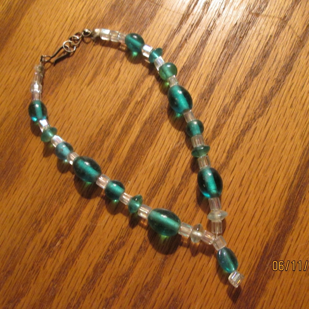 ANKLET/BRACELET, 9 TO 9 1/2 INCHES, TURQ/CLEAR COL